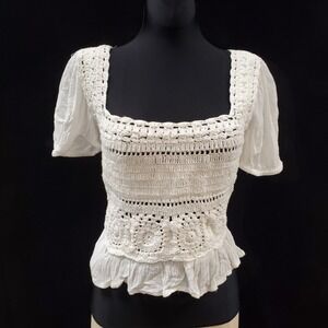 Sim Sam Crochet Milkmaid Top Size S Cottagecore Dainty Boho Square Neck Puff